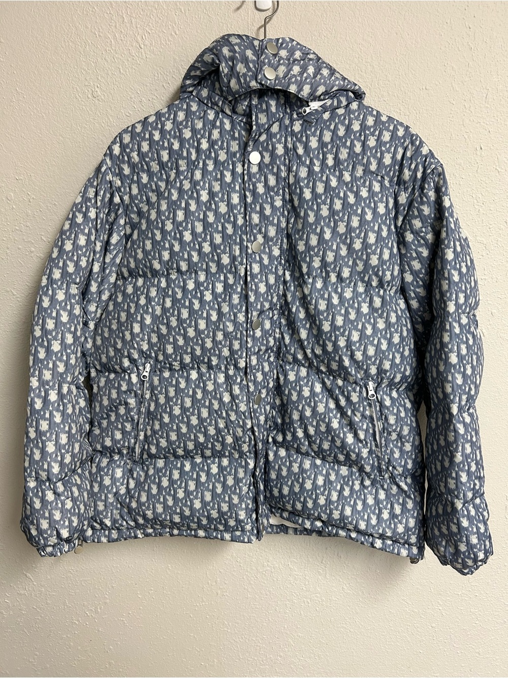 Unbranded Blue and White Monogram Hooded Puffer Jacket Coat M